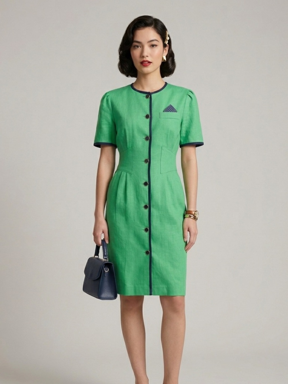 Vintage 80s does 40s VLP Petites Green Button Front Dress ILGWU Linen Look